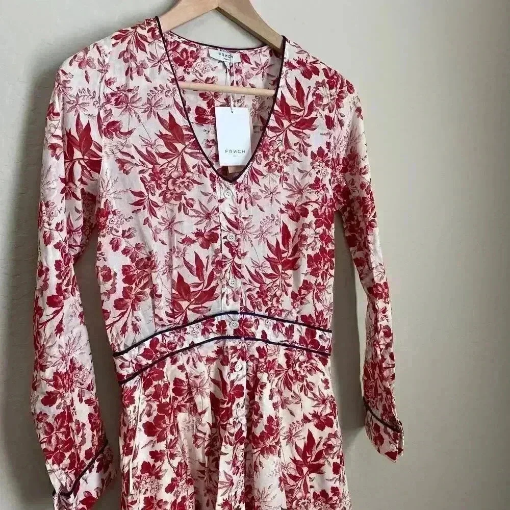 FRNCH Floral Print V-Neck Dress Red Size Small‎